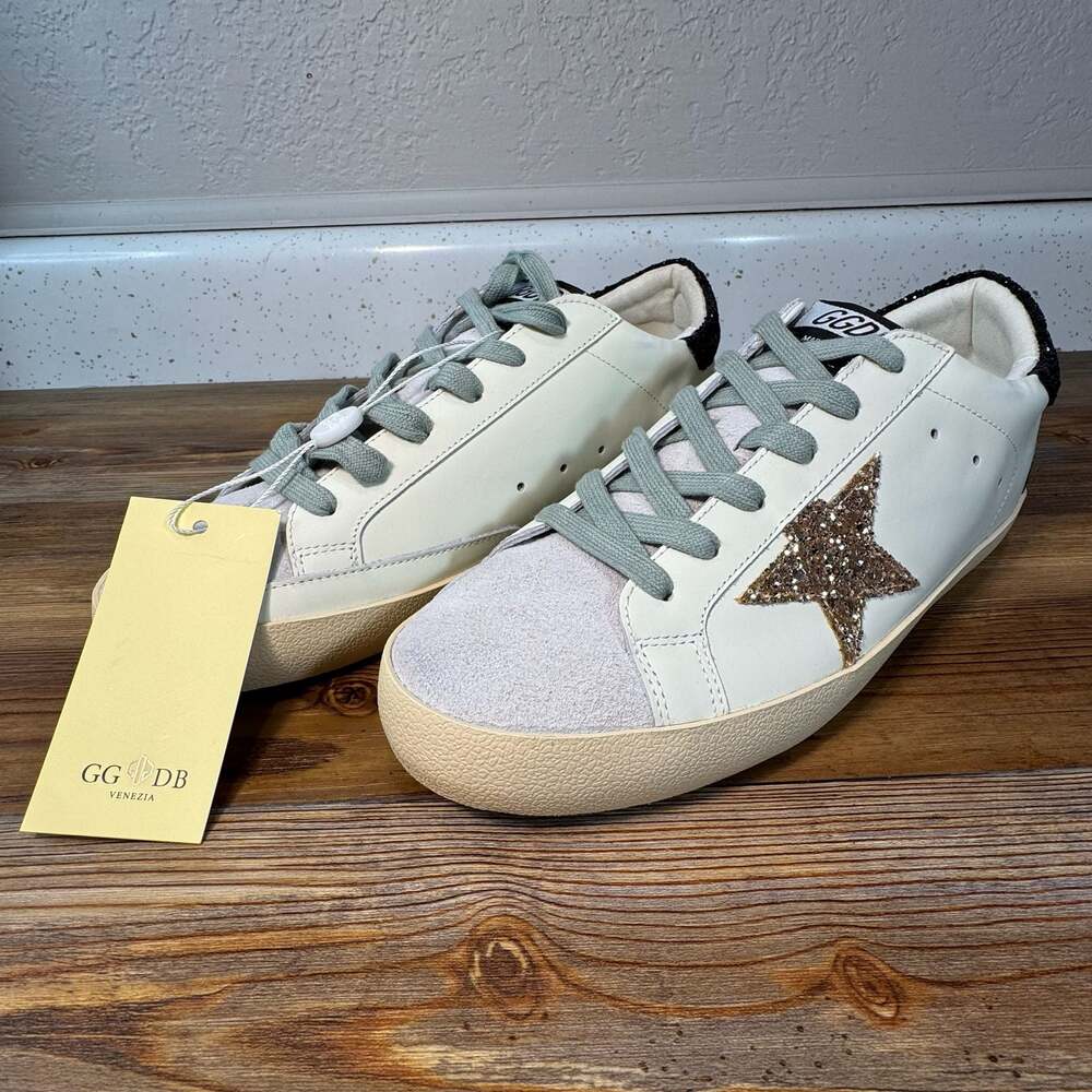 GOLDEN GOOSE Super-Star Sneakers Women’s 39 White Gold Glitter Star NWT
